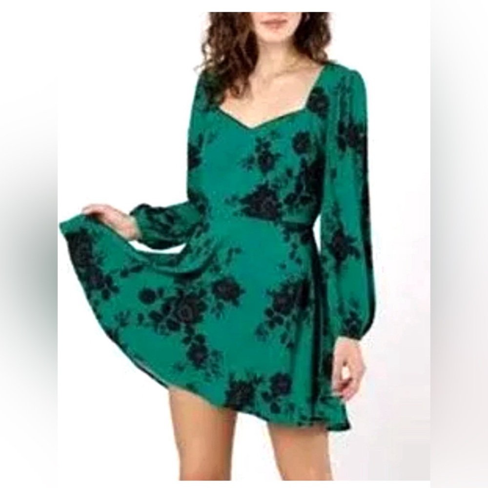 Band of the Free Green Floral Sweetheart Long Sleeve Mini Dress Size Large Boho.